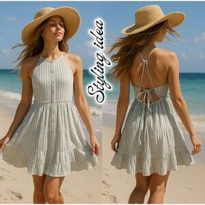 Free People Boho Womens SZ S Desert Days Stripe Mini Dress Cottagecore coastal